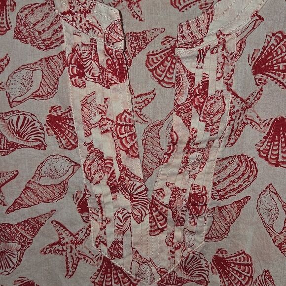 Talbots Shell Print Cotton Notched Collar Sleeveless Summer Top Lp Red White - Picture 8 of 16